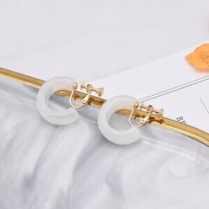 Clip on 1" gold and white cream wide open back hoop earrings